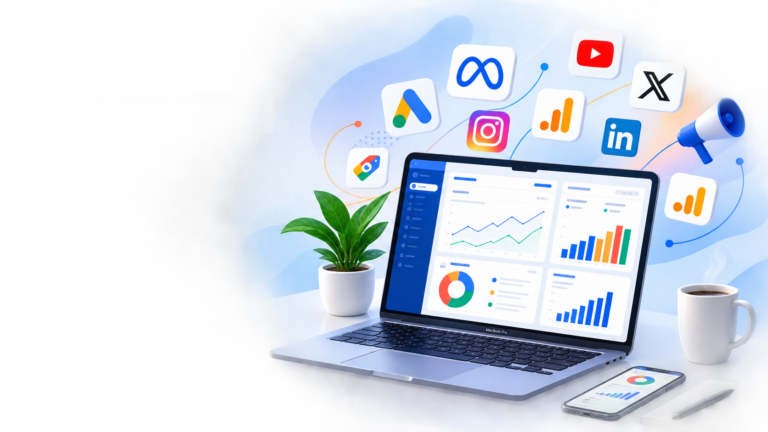 Digital marketing analytics dashboard with advertising and social media icons