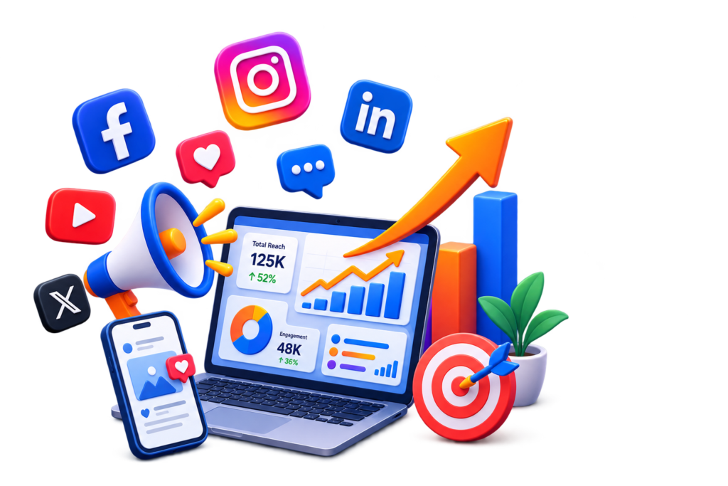 3D social media marketing growth and analytics illustration